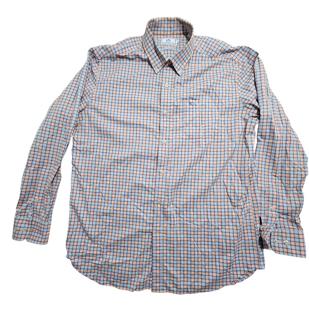 Southern Tide Performance Mens Large Blue Orange Plaid Button Down Shirt L/S